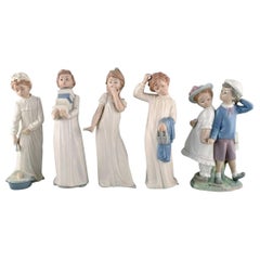 Retro Lladro and Nao, Spain, Five Porcelain Figurines of Children, 1980s-1990s