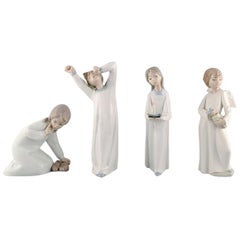 Retro Lladro and Nao, Spain, Four Porcelain Figurines of Children, 1980s-1990s