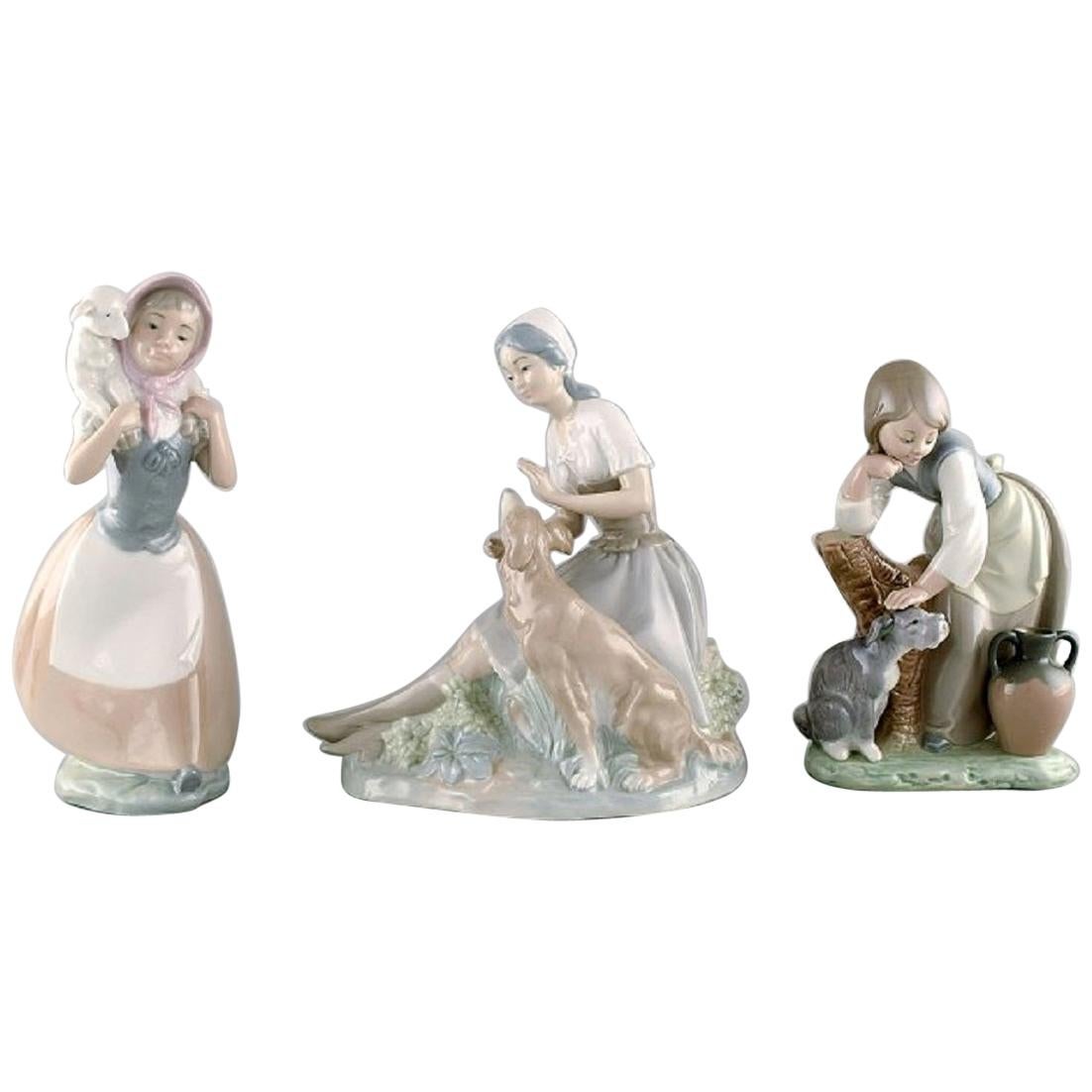 Lladro and Nao, Spain, Three Porcelain Figurines, Young Girls with Farm Animals
