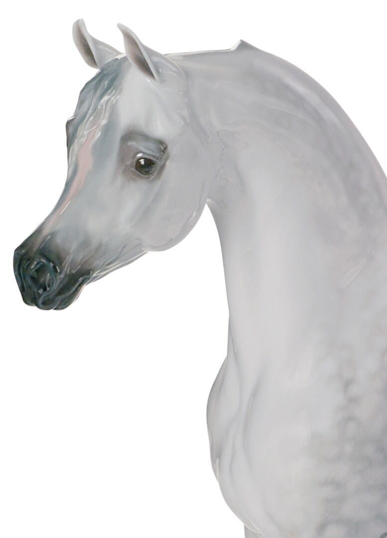 Glossy porcelain animal figurine of limited series of purebred Arabian horse with thick fur on a wooden base. Portrait of a purebred grey Arabian horse, capturing in porcelain all its distinctive features: finely chiseled bone structure, concave