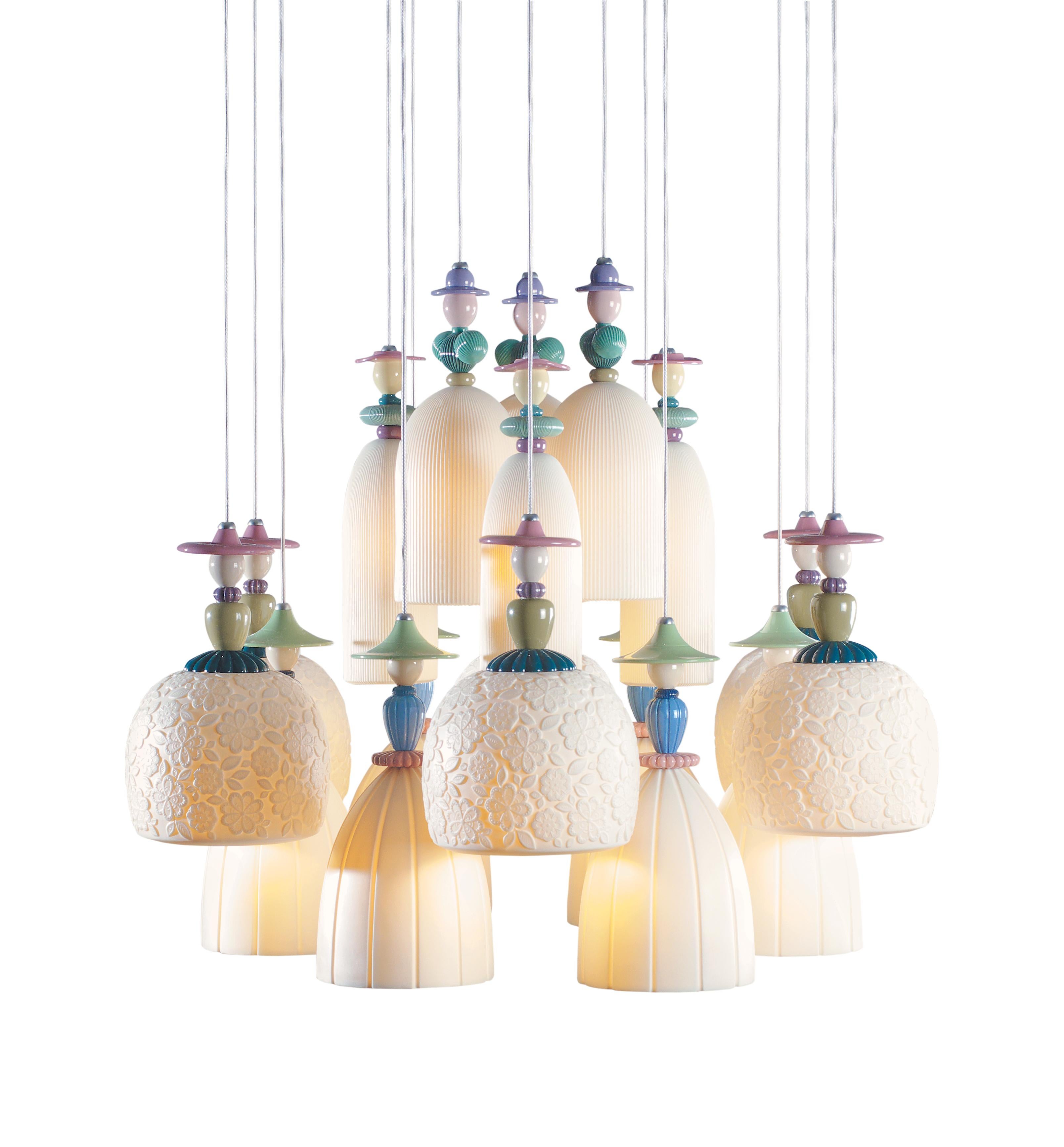 Handmade hanging ceiling lamp in brightly colored porcelain and flower decorations with eighteen engraved translucent white porcelain tulips. The Mademoiselle collection is inspired by Lladró's romantic ladies, one of his most traditional motifs, to