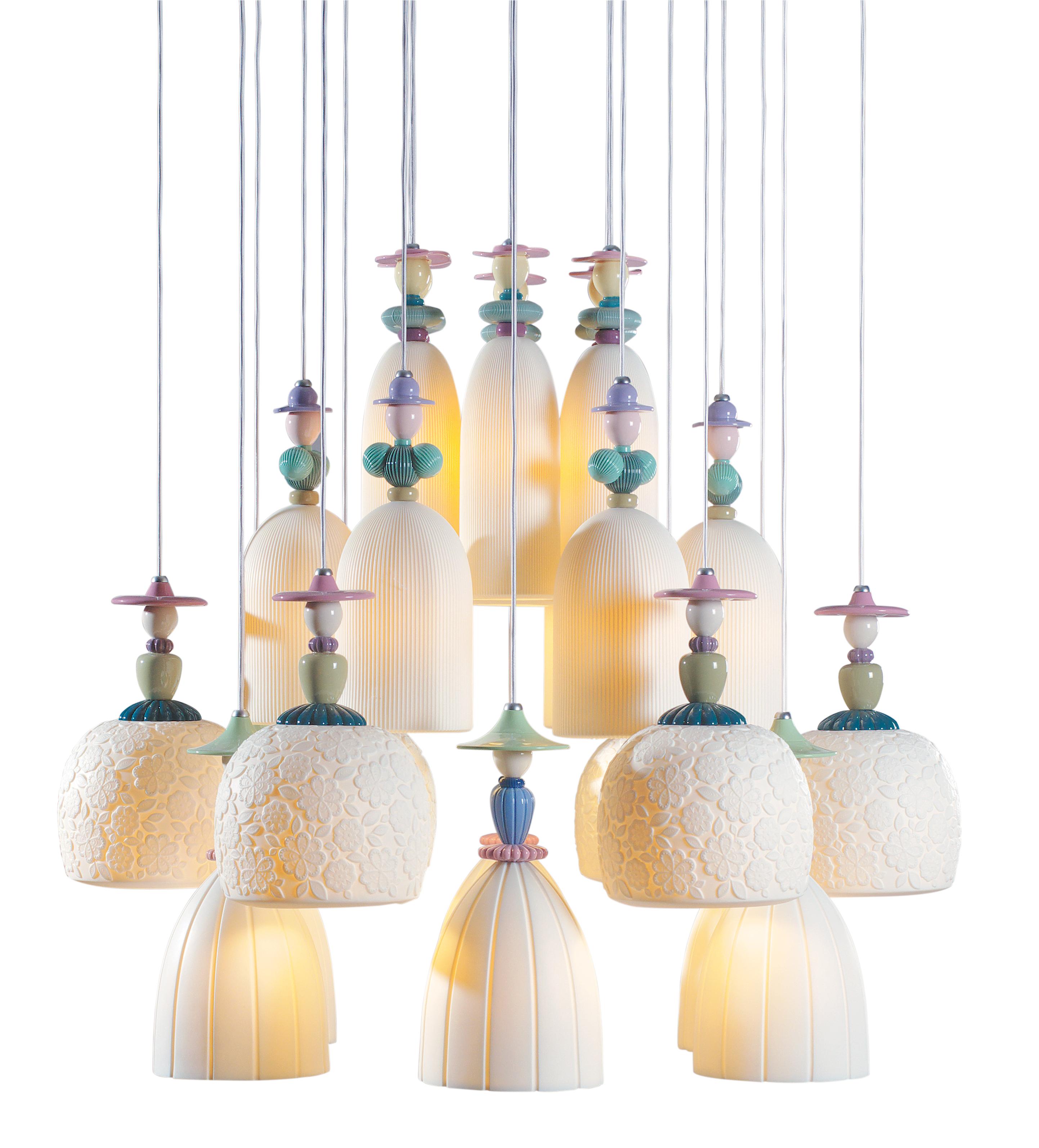 Handmade hanging ceiling lamp in brightly colored porcelain and floral decorations with twenty-four engraved translucent white porcelain tulips. The Mademoiselle collection is inspired by Lladró's romantic ladies, one of his most traditional motifs,
