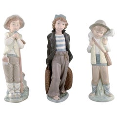 Retro Lladro, Nao and Zaphir, Spain, Three Porcelain Figurines, Young Boys, 1980s