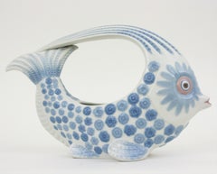 Lladró Fish Centerpiece Vase / Planter in Blue White Porcelain, Spain 1970