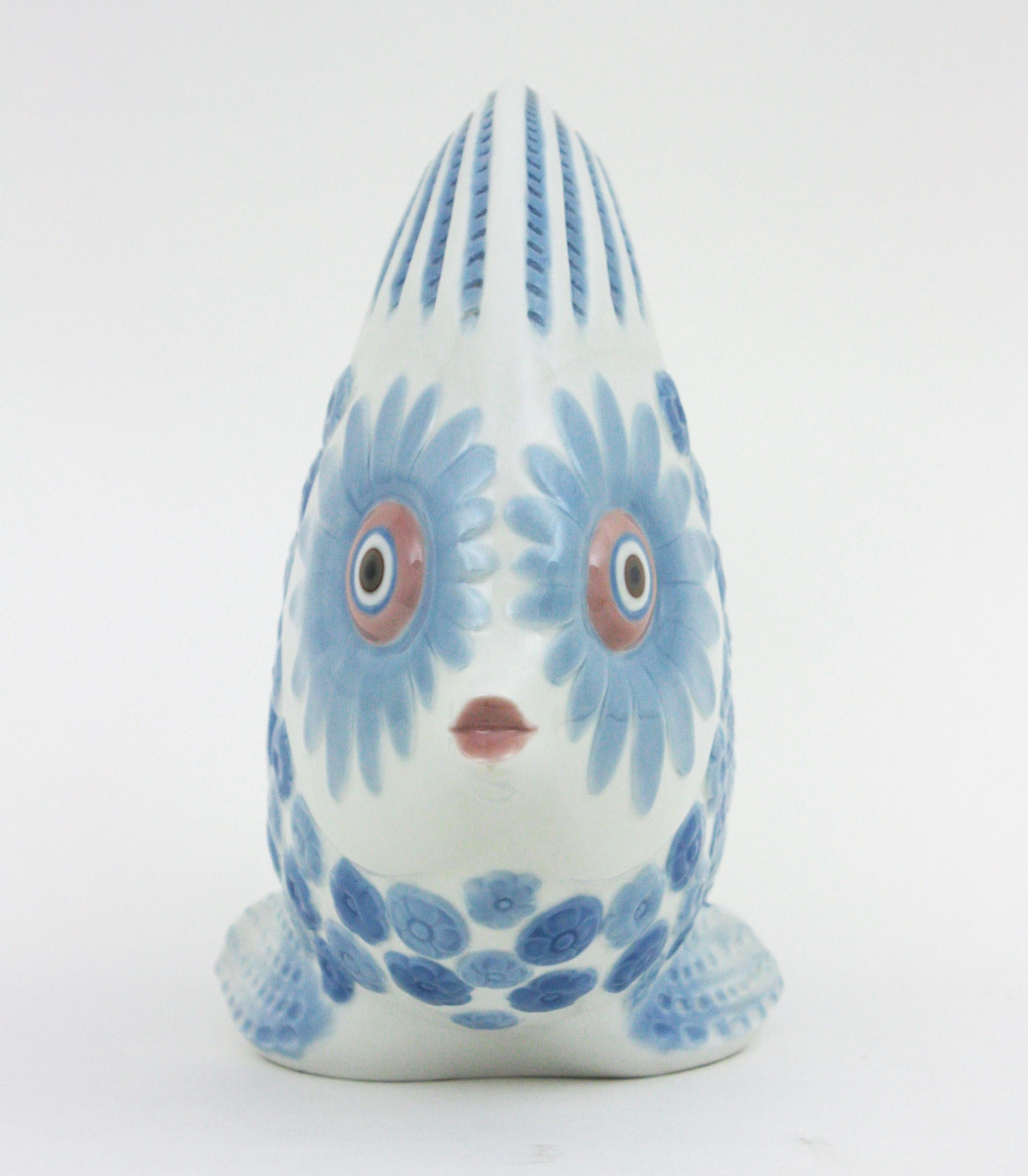 Spanish Lladró Porcelain Blue White Fish Centerpiece Vase Planter, Spain, 1970s For Sale