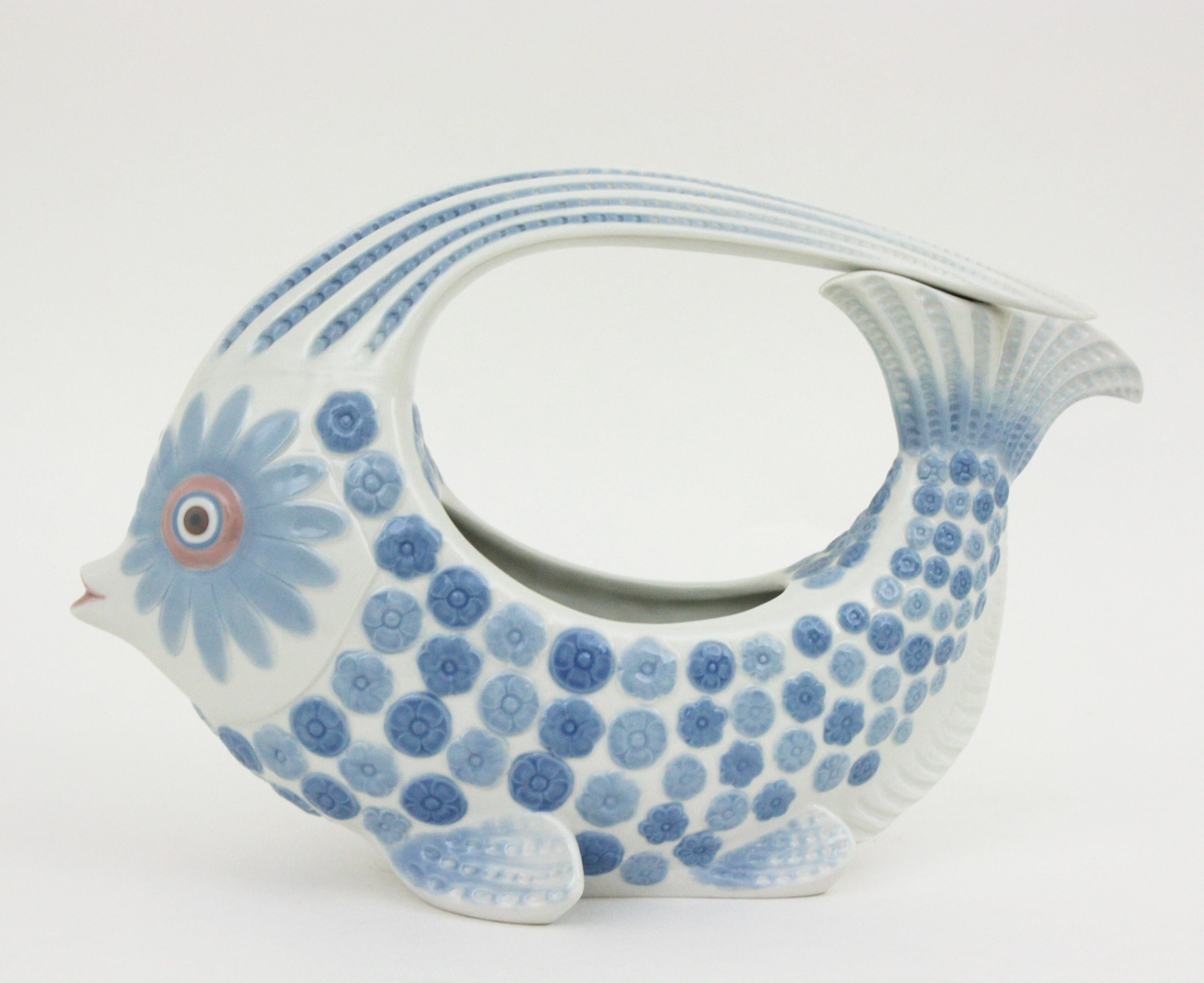 Molded Lladró Porcelain Blue White Fish Centerpiece Vase Planter, Spain, 1970s For Sale