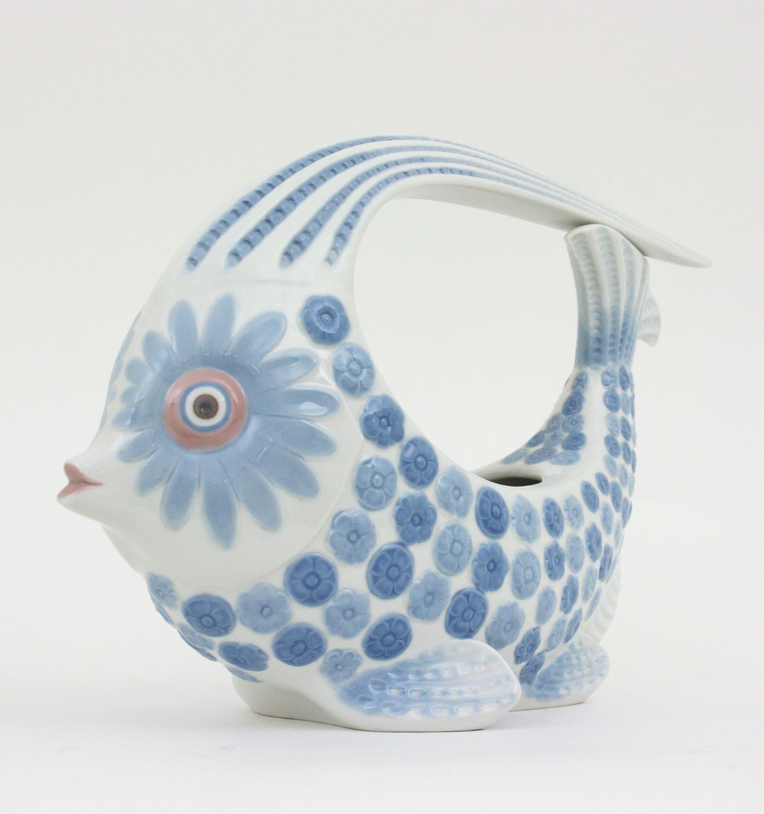 Late 20th Century Lladró Porcelain Blue White Fish Centerpiece Vase Planter, Spain, 1970s For Sale