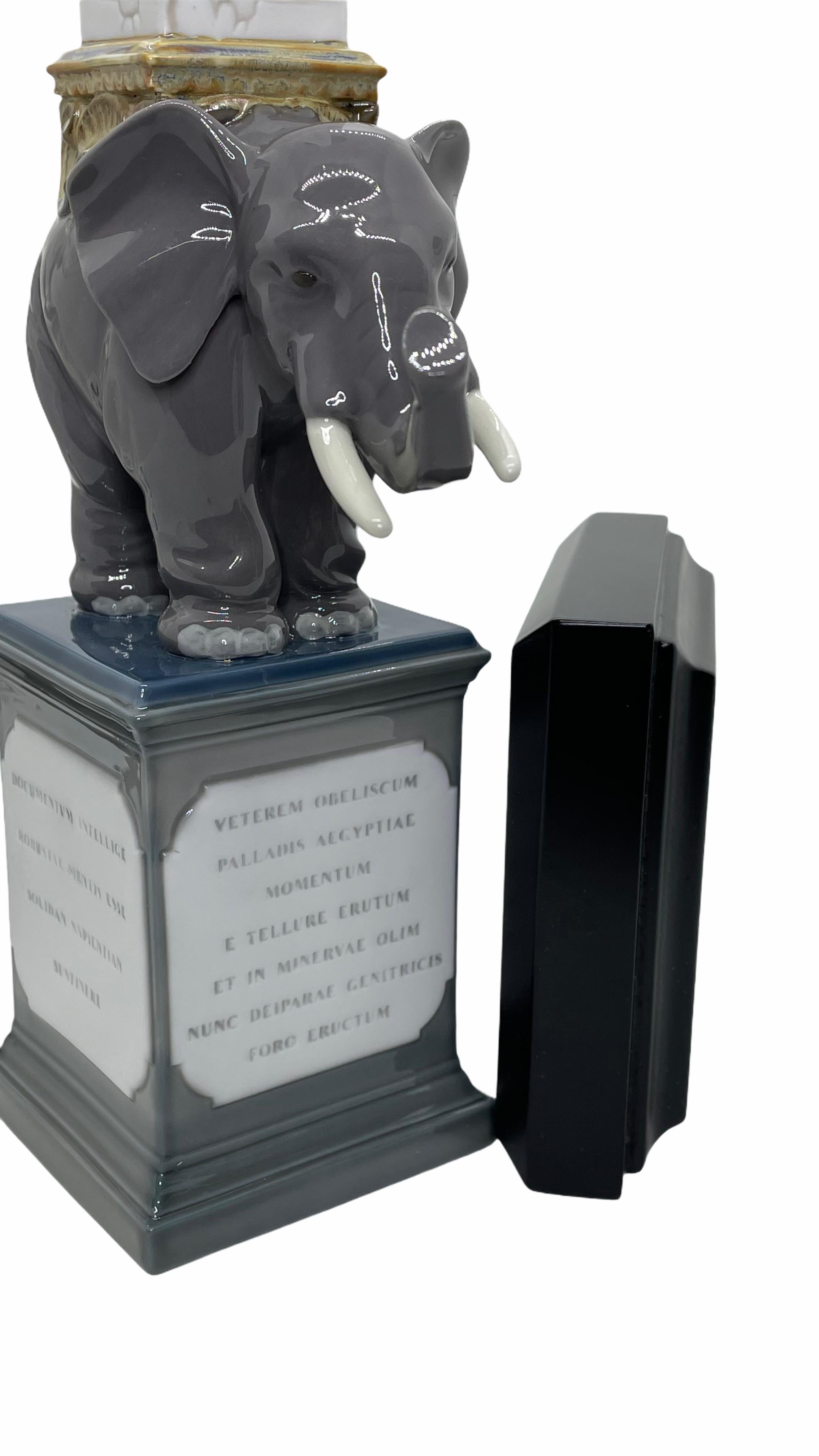 Lladro Pulcino Obelisk Porcelain Grey Elephant Figurine with Wooden Base, Spain 2