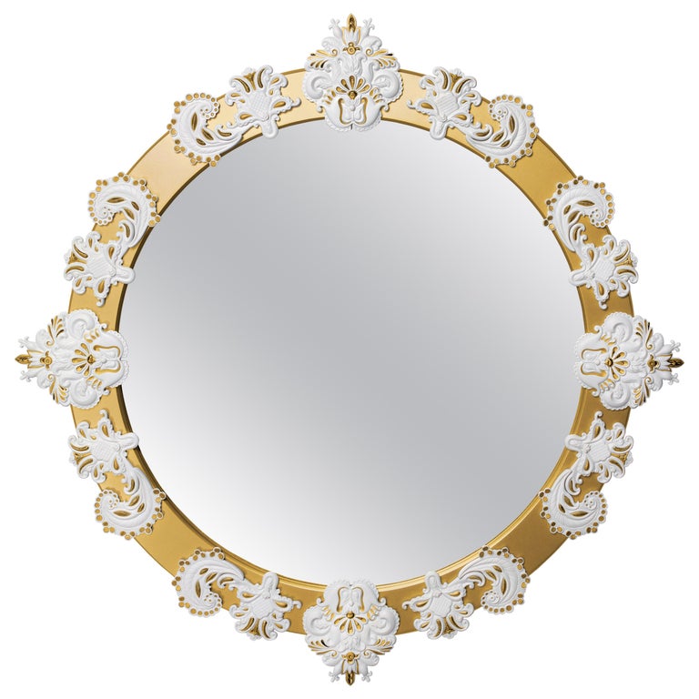 Lladro Round Large Mirror in Gold Lustre and White For Sale at 1stdibs
