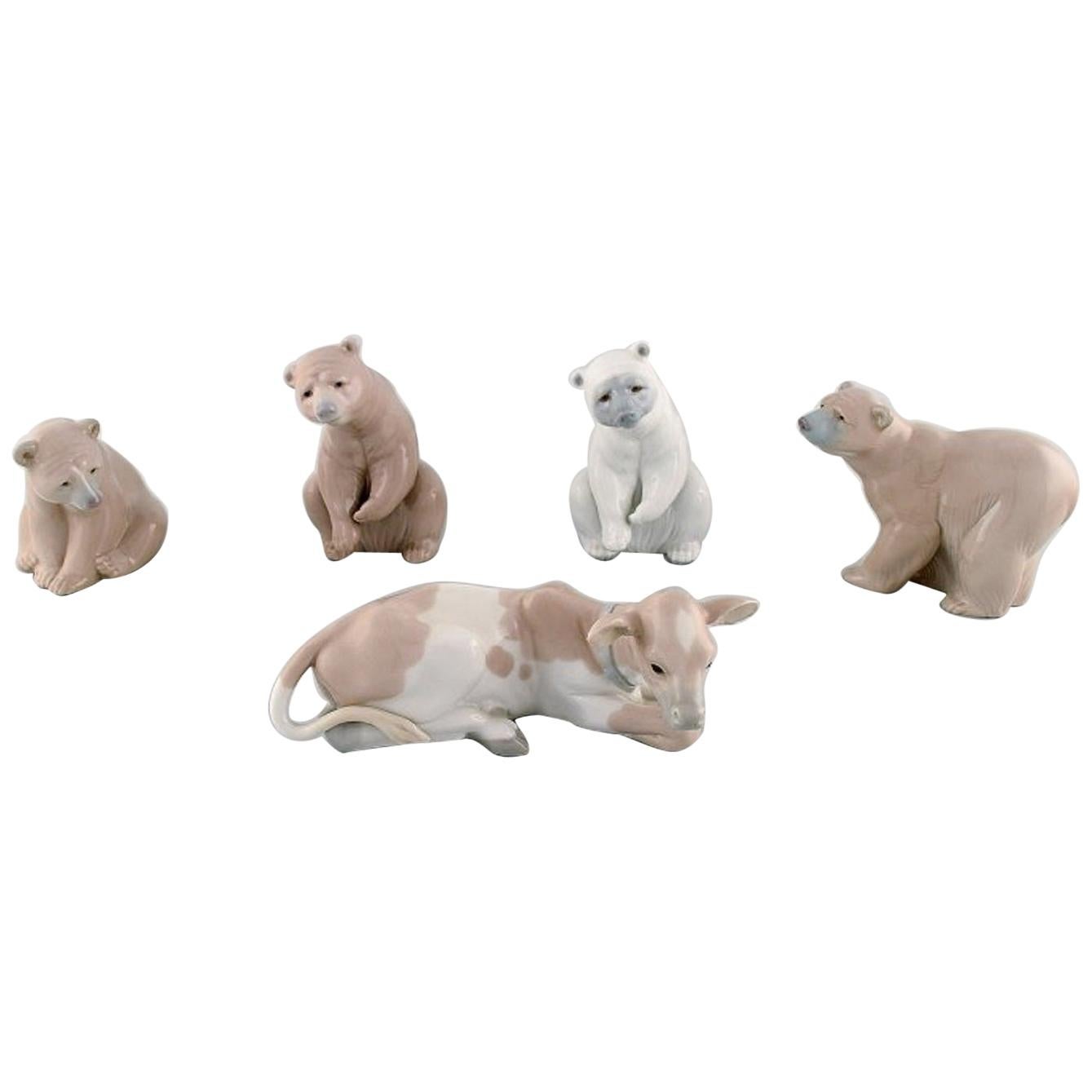 Lladro, Spain, Five Porcelain Figurines, Four Bears and a Calf, 1980s-1990s