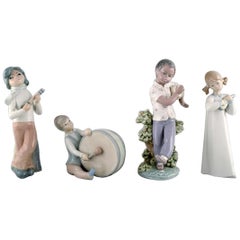 Vintage Lladro, Spain, Four Porcelain Figurines, Children with Instruments, 1980s