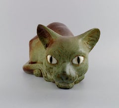 Lladro, Spain, Large and Rare Sculpture in Glazed Ceramics, Lying Cat, 1960s