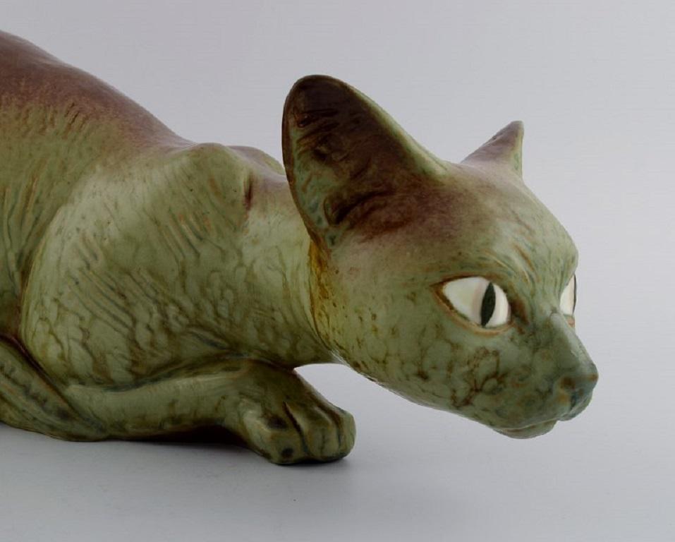Spanish Lladro, Spain, Large and Rare Sculpture in Glazed Ceramics, Lying Cat, 1960s