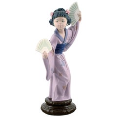 Lladro, Spain, Large Figure in Glazed Porcelain, Geisha with Fans, 20th Century