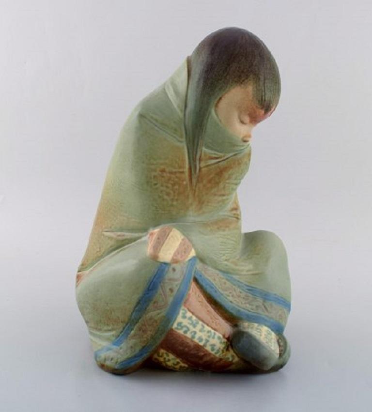 Spanish Lladro, Spain, Large Sculpture in Glazed Ceramics, Sitting Girl, 1980s For Sale