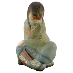 Lladro, Spain, Large Sculpture in Glazed Ceramics, Sitting Girl, 1980s