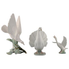 Retro Lladro, Spain, Three Porcelain Figurines, Birds, 1970s-1980s