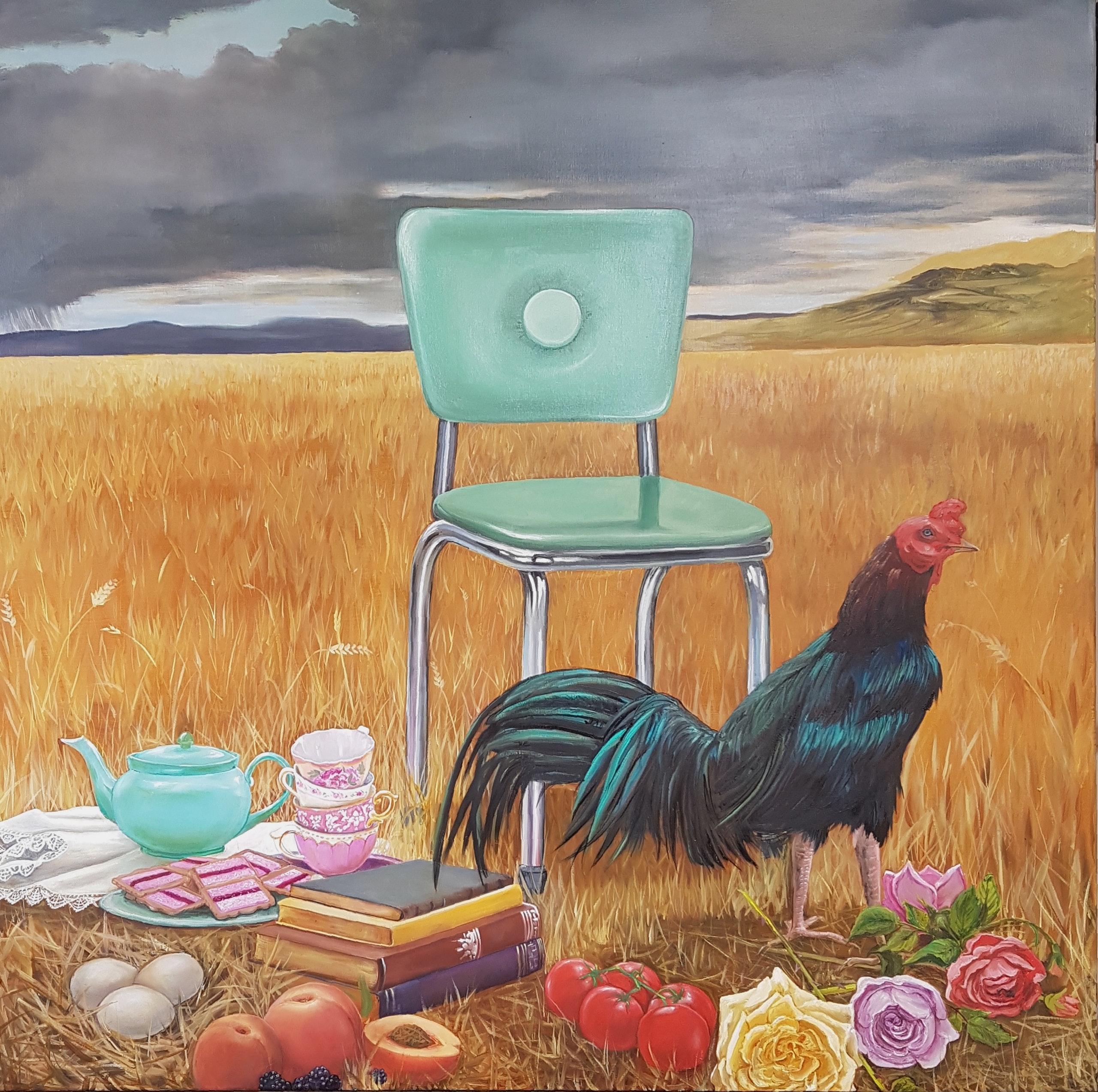 Oil on linen.

Part of Llael's seasonal chair series, depicting chairs in natural landscapes according to the season and colour palette. This particular painting represents summer, and draws upon the landscape of country Victoria in