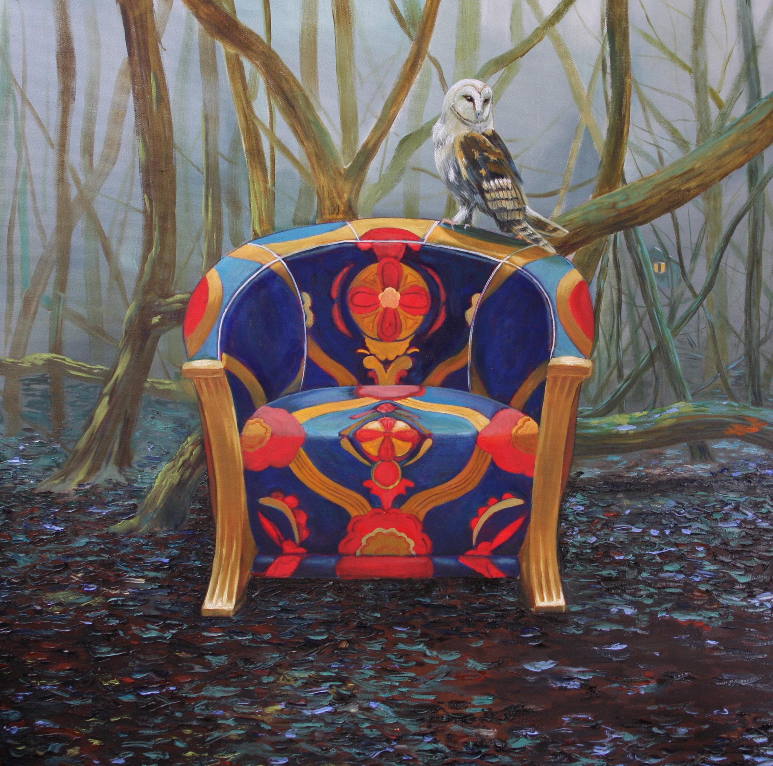 Winter Chair is part of Llael's seasonal chair series. The series features different chairs in natural settings, with each season reflected in the background. A misty morning contrasts the rich colours of the chair. Piece is oil on fine