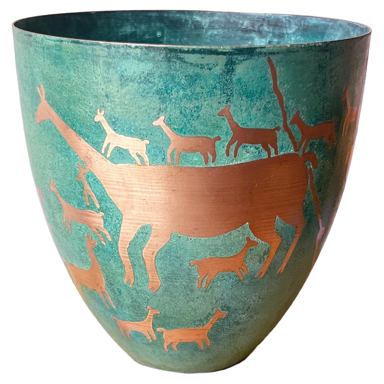 Llama Caravan Oxidized Copper Vessel, Handmade and Etched with Animal Figures For Sale