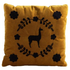 LLAMA Hand Embroidered Decorative Pillow in Ochre Velvet by ANDEAN, In Stock
