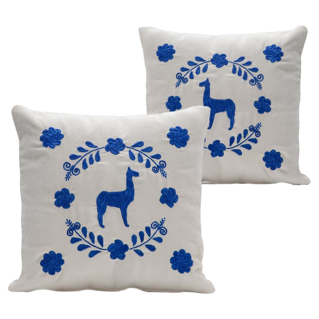 LLAMA Hand Embroidered Decorative Pillows in Ivory Upholstery ANDEAN, Set of 2