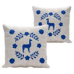 LLAMA Hand Embroidered Decorative Pillows in Ivory Upholstery ANDEAN, Set of 2