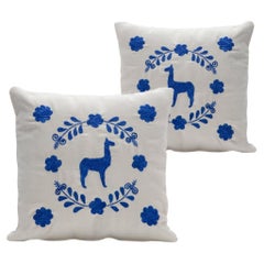 LLAMA Hand Embroidered Decorative Pillows in Ivory Upholstery ANDEAN, Set of 2