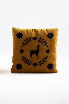 LLAMA Hand Embroidered Decorative Pillows in Ochre Velvet by ANDEAN, Set of 2