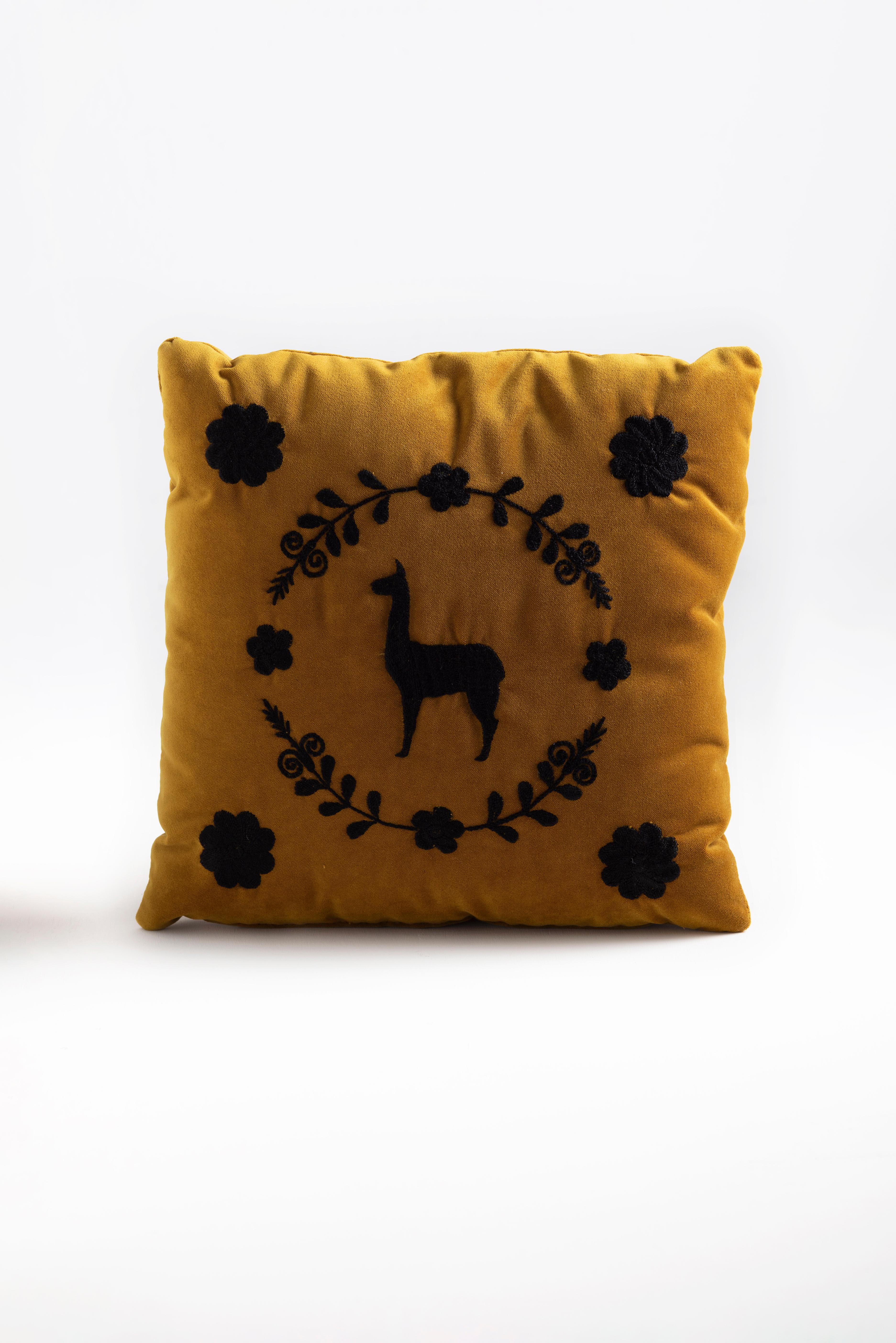 Modern LLAMA Hand Embroidered Decorative Pillows in Ochre Velvet by ANDEAN, Set of 2 For Sale