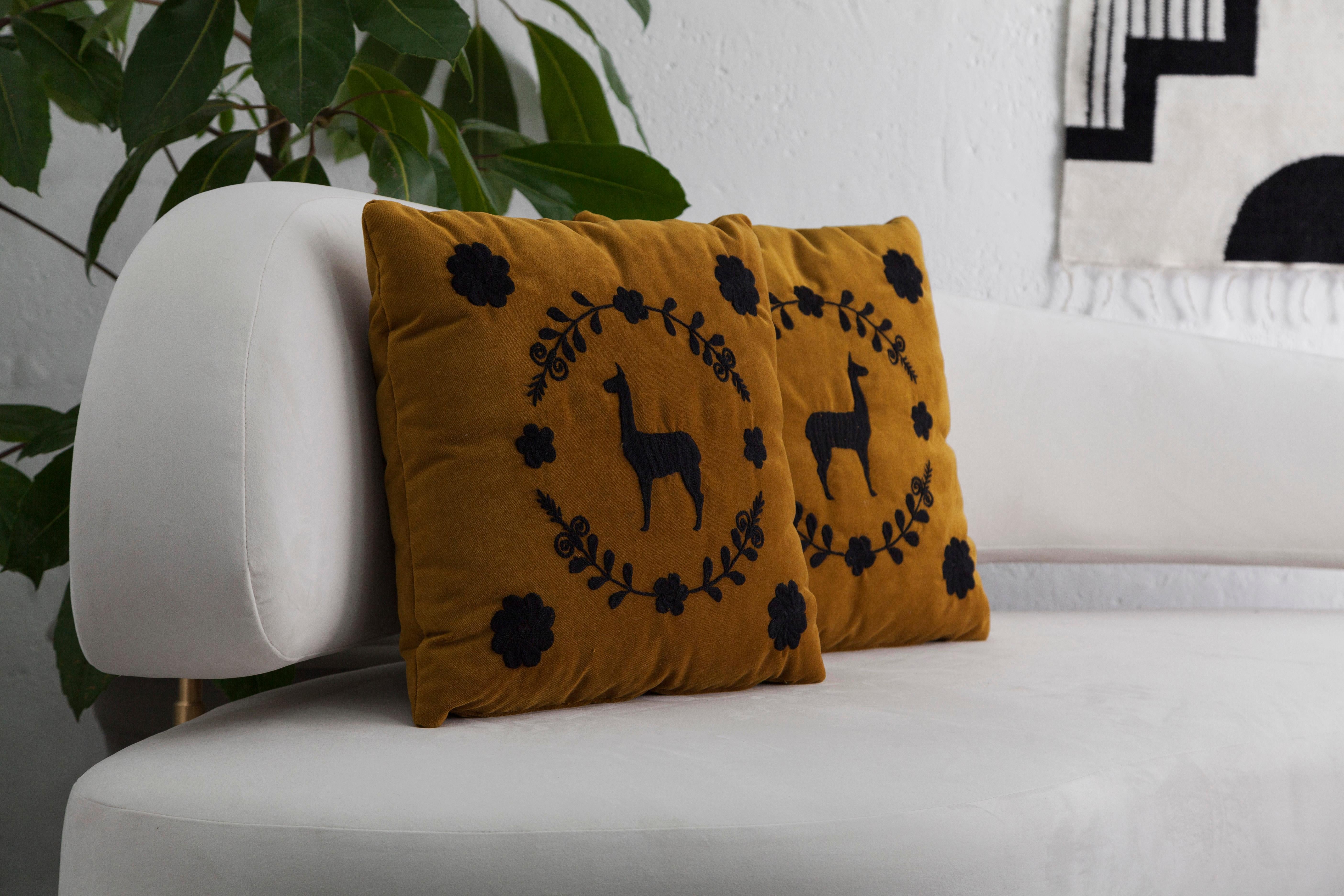 Contemporary LLAMA Hand Embroidered Decorative Pillows in Ochre Velvet by ANDEAN, Set of 2 For Sale