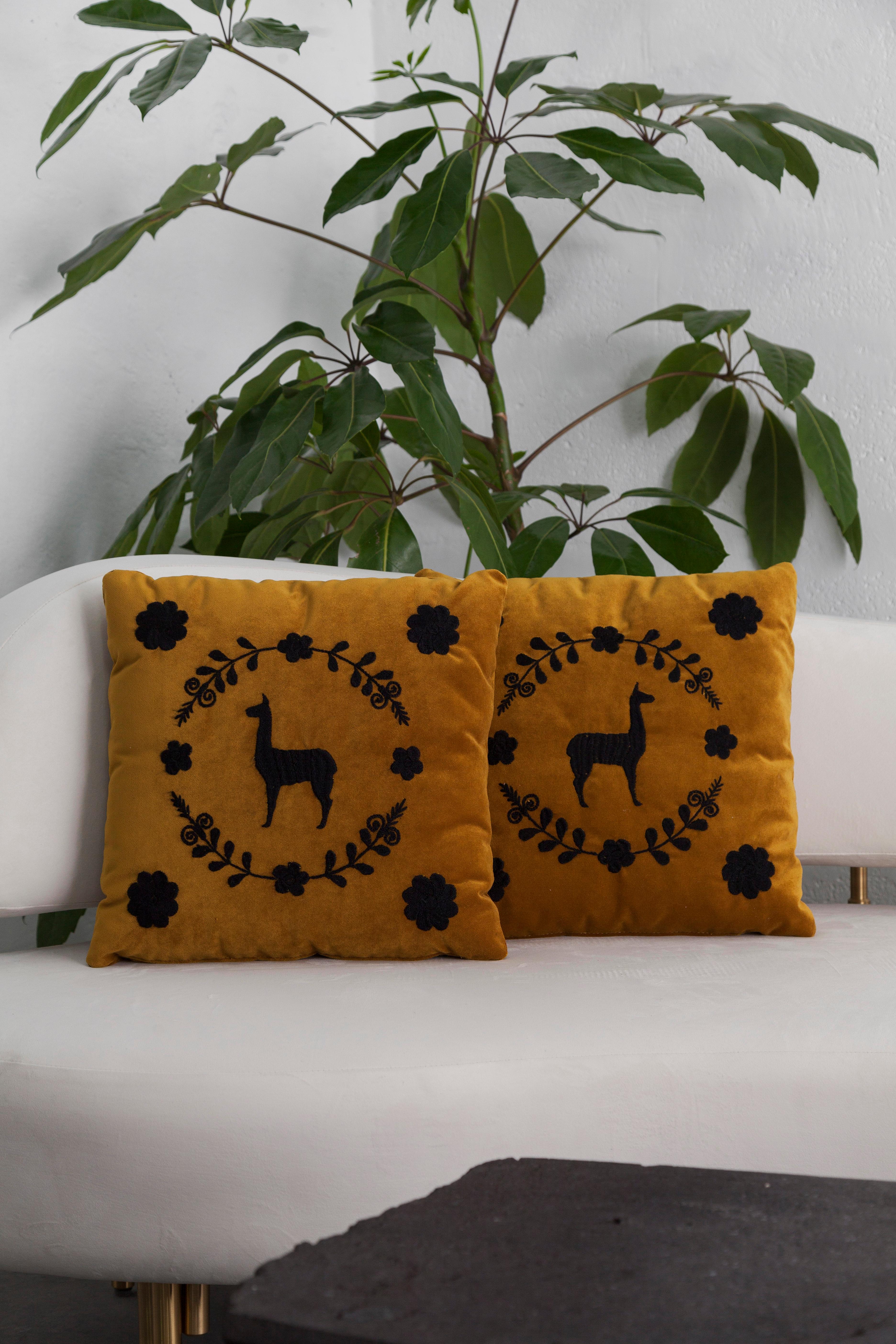Upholstery LLAMA Hand Embroidered Decorative Pillows in Ochre Velvet by ANDEAN, Set of 2 For Sale