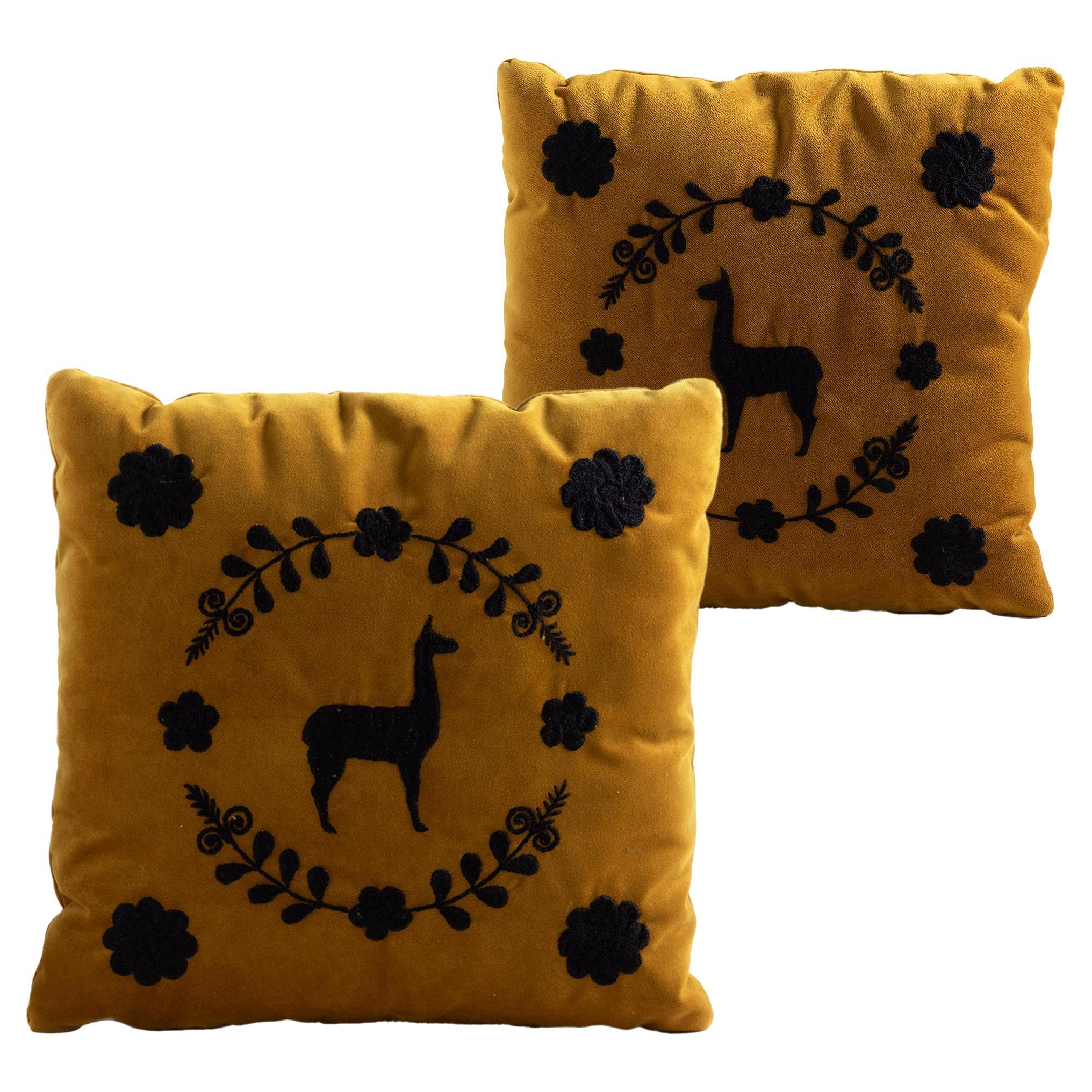 LLAMA Hand Embroidered Decorative Pillows in Ochre Velvet by ANDEAN, Set of 2 For Sale