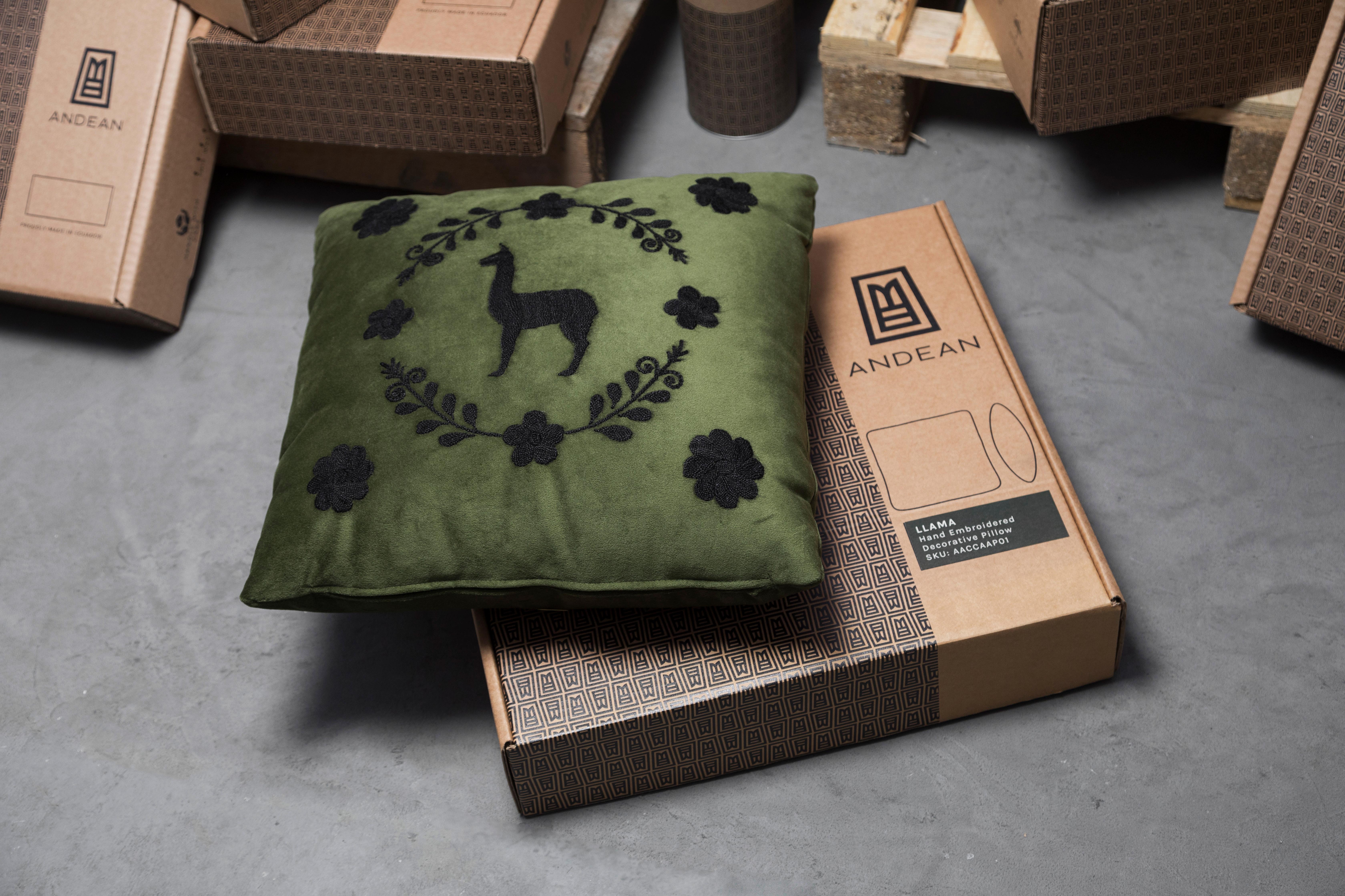 LLAMA Hand Embroidered Decorative Pillows in Olive Velvet by ANDEAN, Set of 2 For Sale 3
