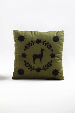 LLAMA Hand Embroidered Decorative Pillows in Olive Velvet by ANDEAN, Set of 2