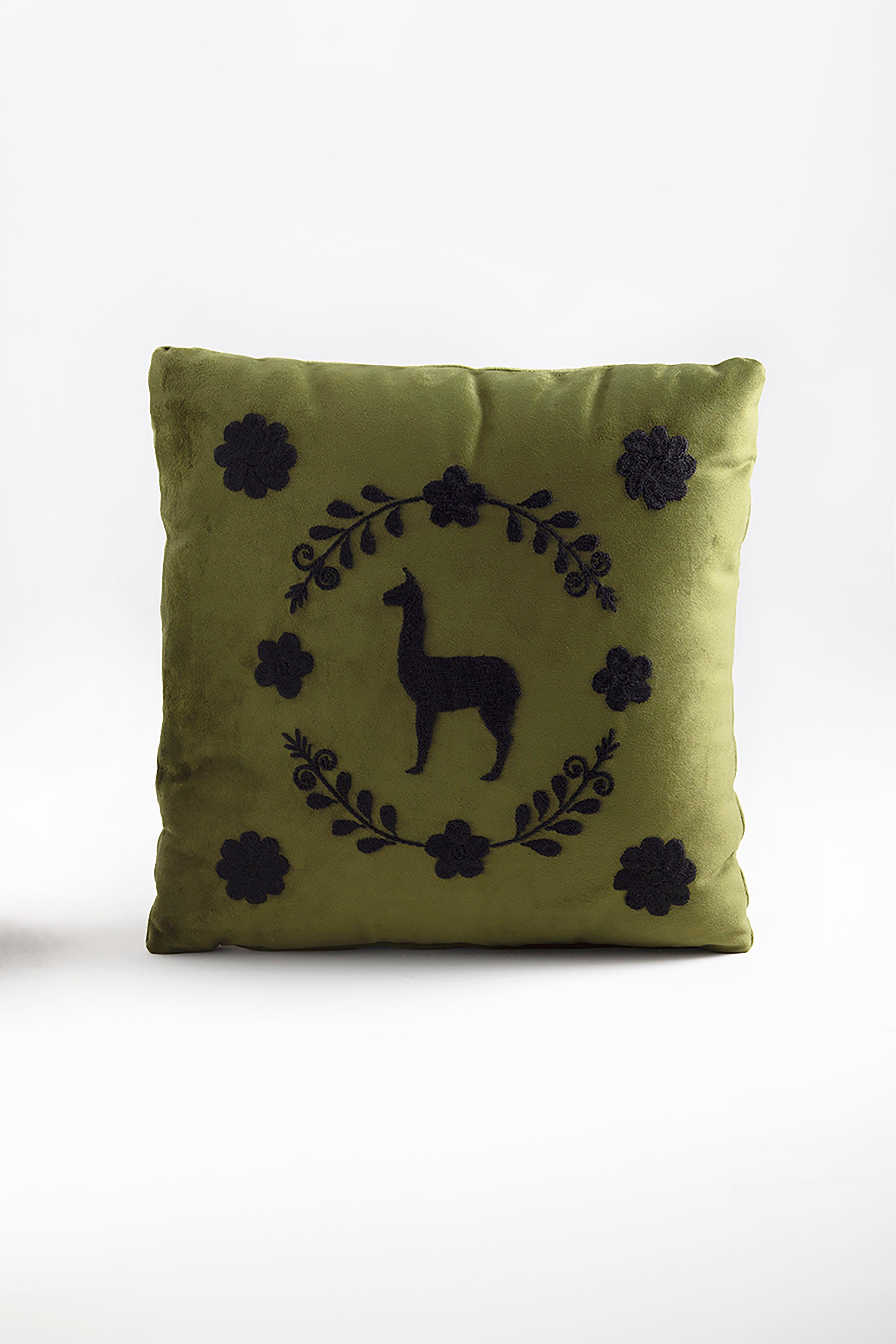 Modern LLAMA Hand Embroidered Decorative Pillows in Olive Velvet by ANDEAN, Set of 2 For Sale