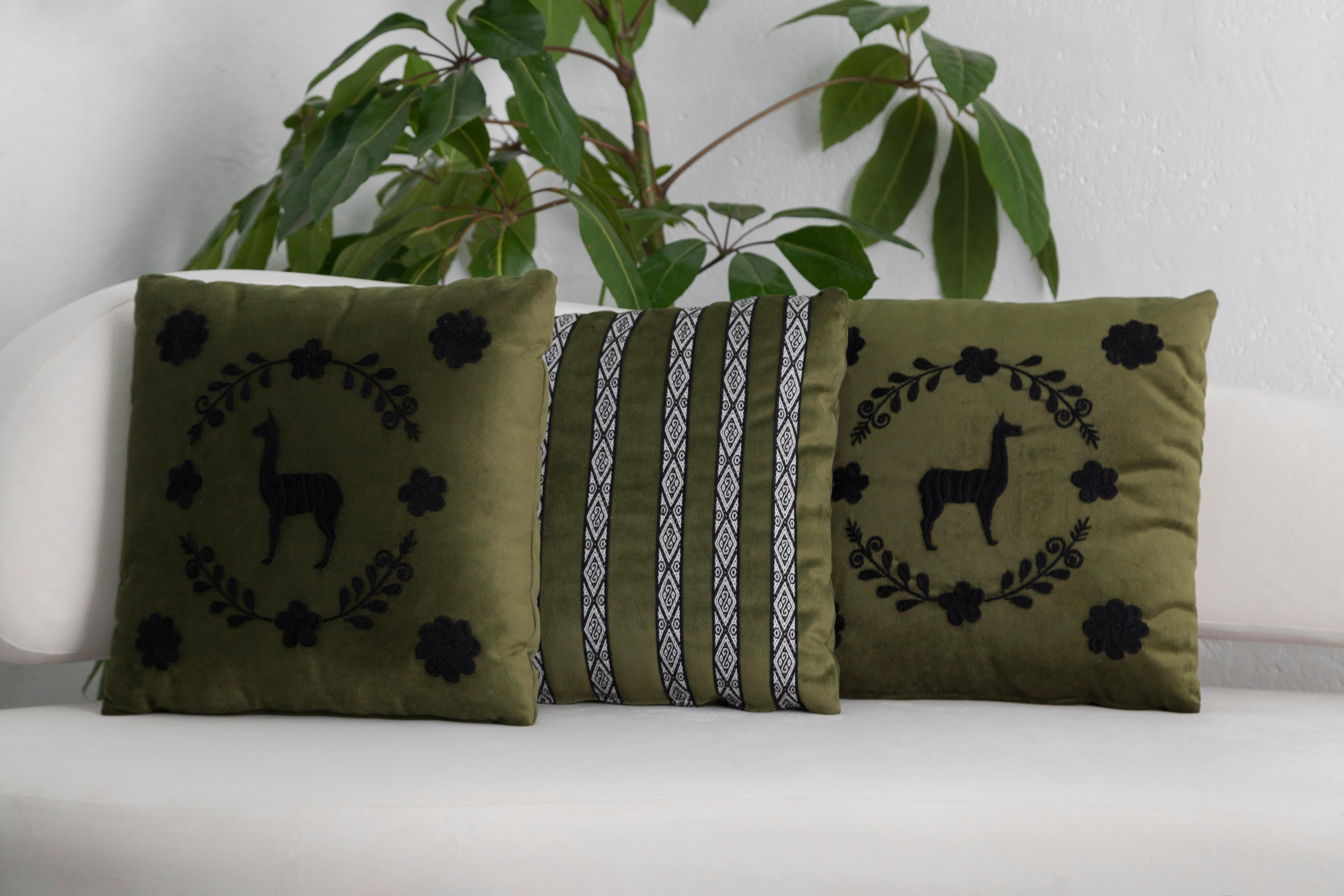 Contemporary LLAMA Hand Embroidered Decorative Pillows in Olive Velvet by ANDEAN, Set of 2 For Sale