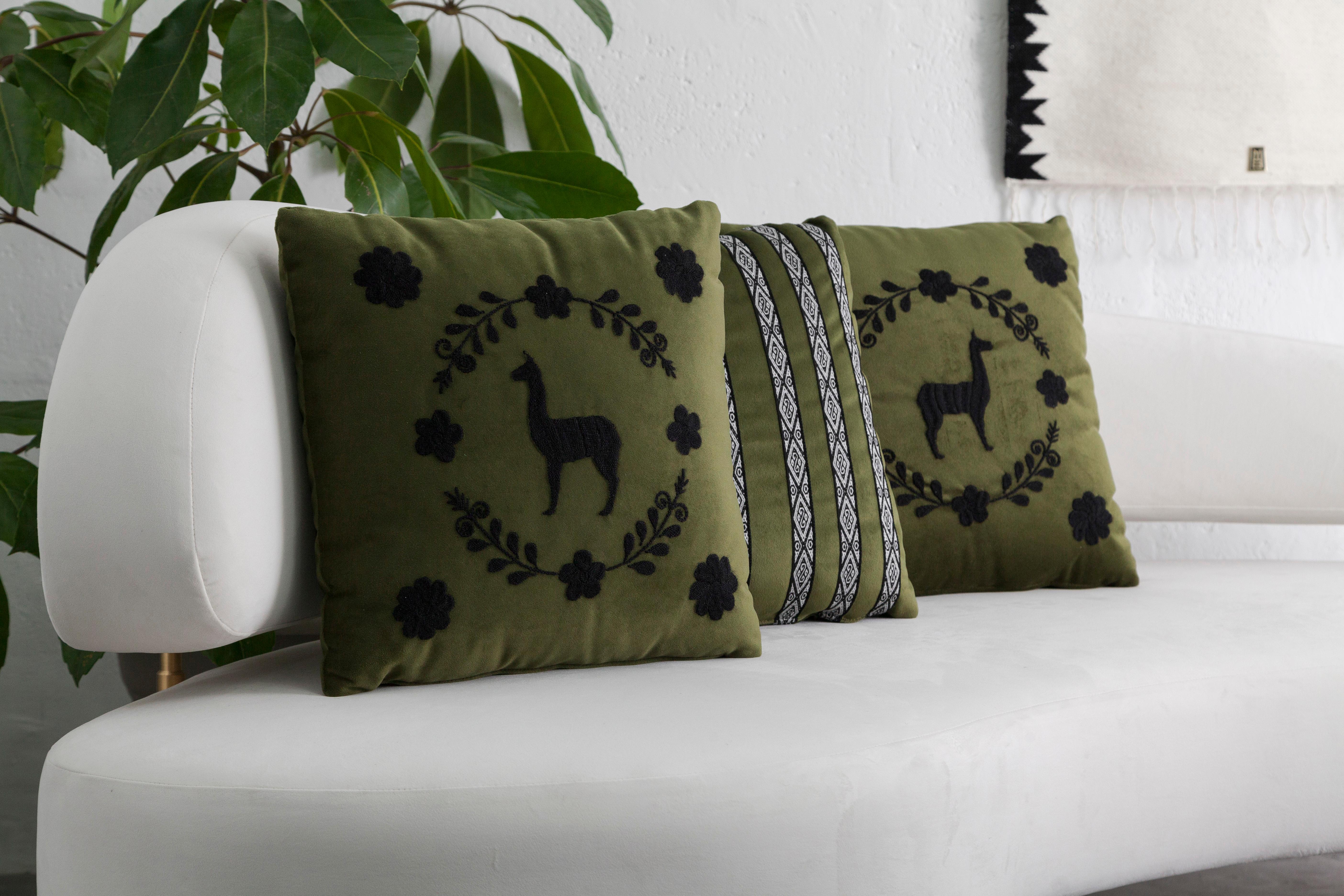 Upholstery LLAMA Hand Embroidered Decorative Pillows in Olive Velvet by ANDEAN, Set of 2 For Sale