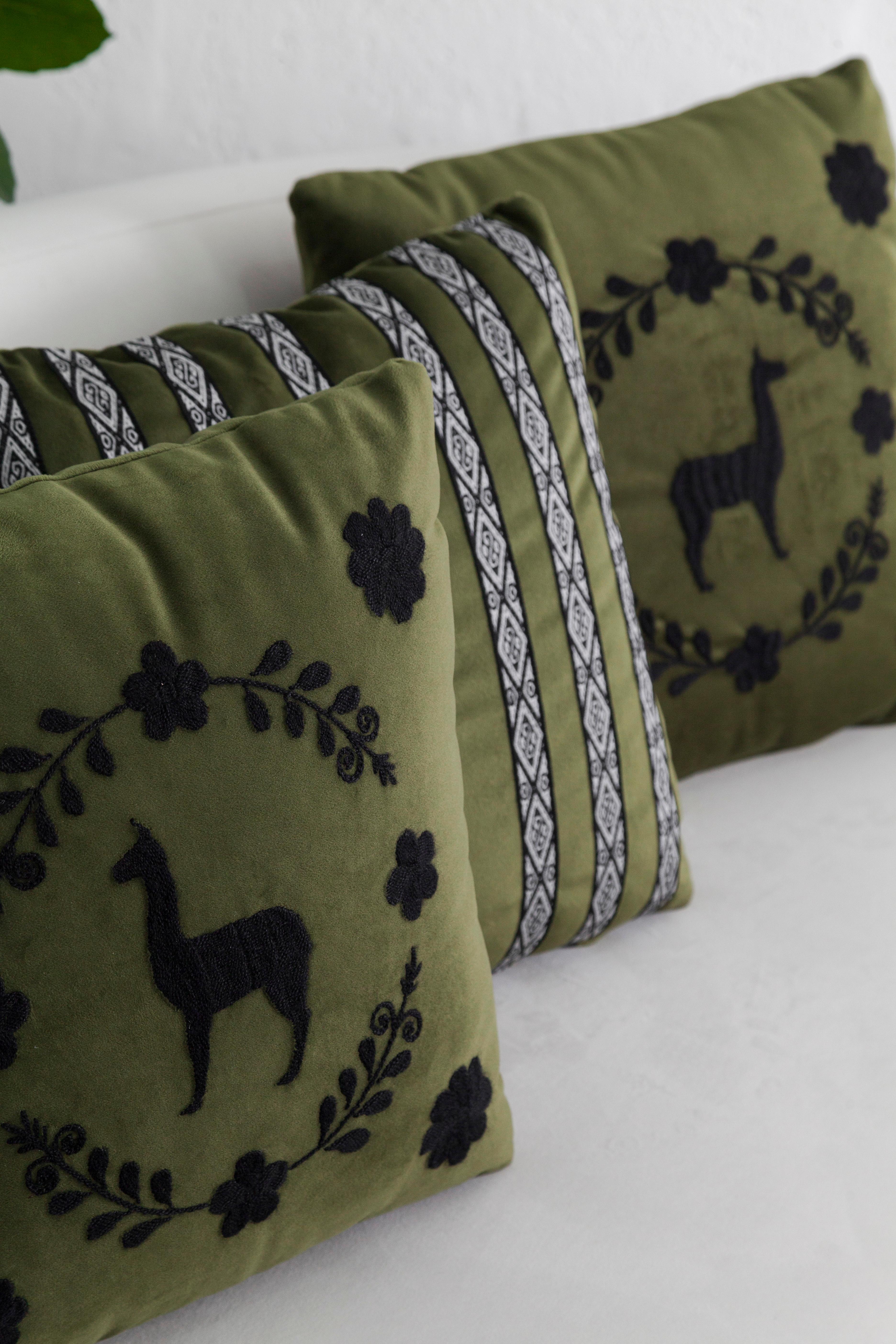 LLAMA Hand Embroidered Decorative Pillows in Olive Velvet by ANDEAN, Set of 2 For Sale 1