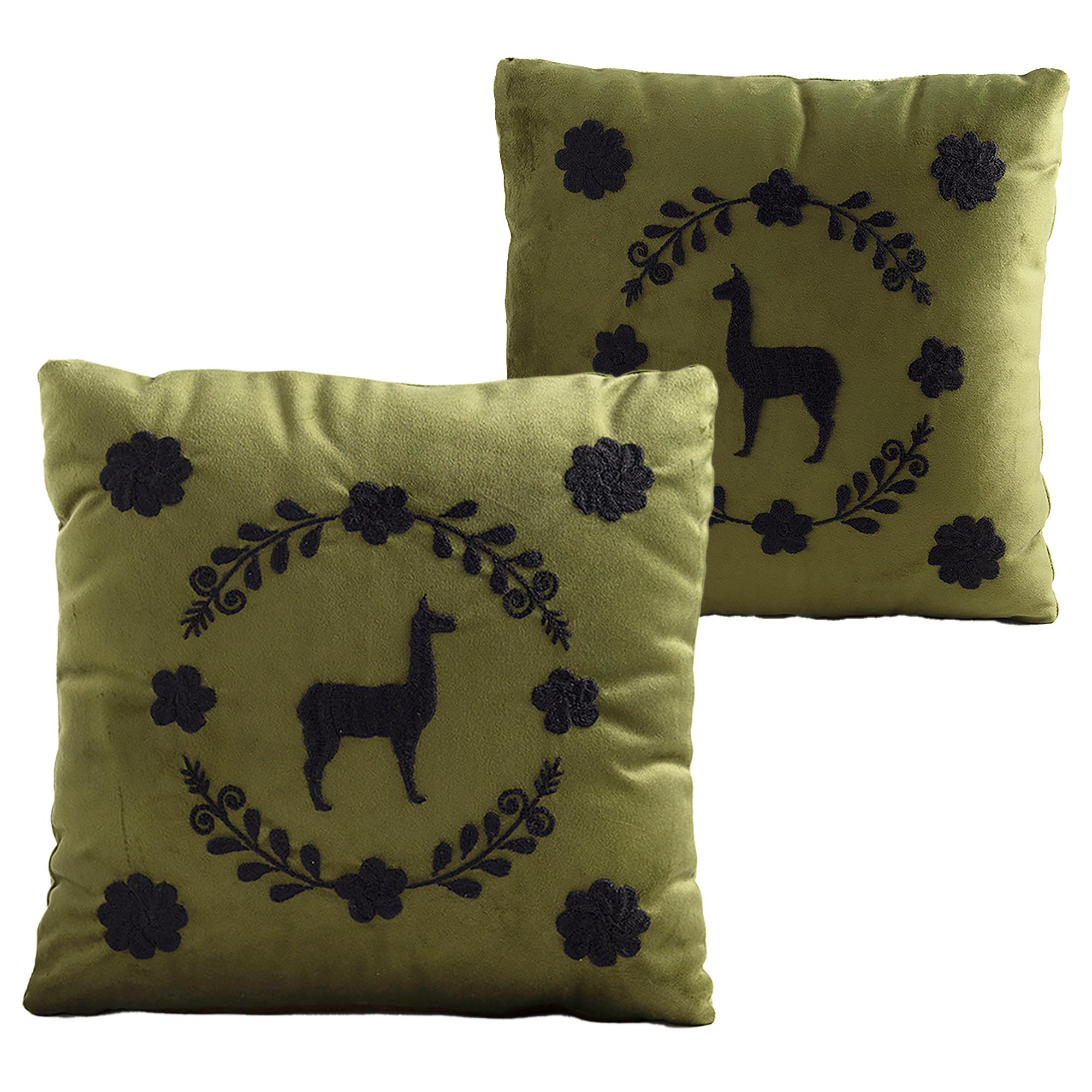 LLAMA Hand Embroidered Decorative Pillows in Olive Velvet by ANDEAN, Set of 2