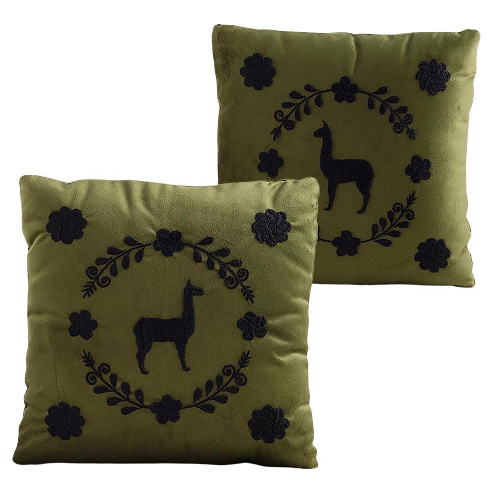 LLAMA Hand Embroidered Decorative Pillows in Olive Velvet by ANDEAN, Set of 2