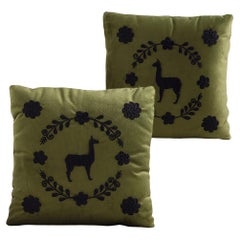 LLAMA Hand Embroidered Decorative Pillows in Olive Velvet by ANDEAN, Set of 2