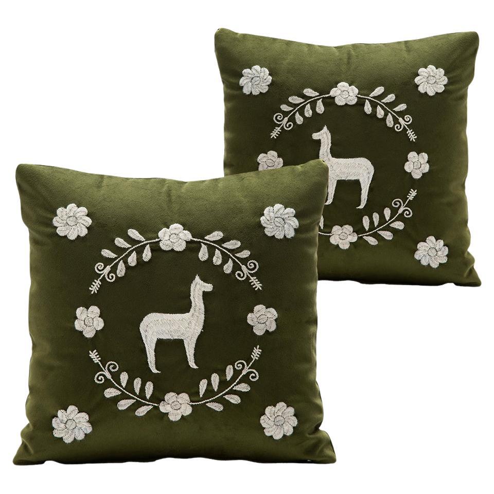 LLAMA Hand Embroidered Decorative Pillows in Olive Velvet by ANDEAN, Set of 2