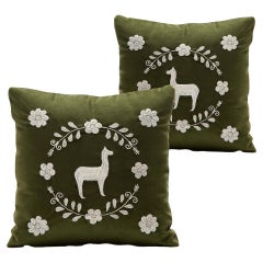 LLAMA Hand Embroidered Decorative Pillows in Olive Velvet by ANDEAN, Set of 2