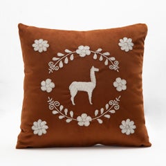 LLAMA Hand Embroidered Decorative Pillows in Terracota Velvet ANDEAN, Set of 2