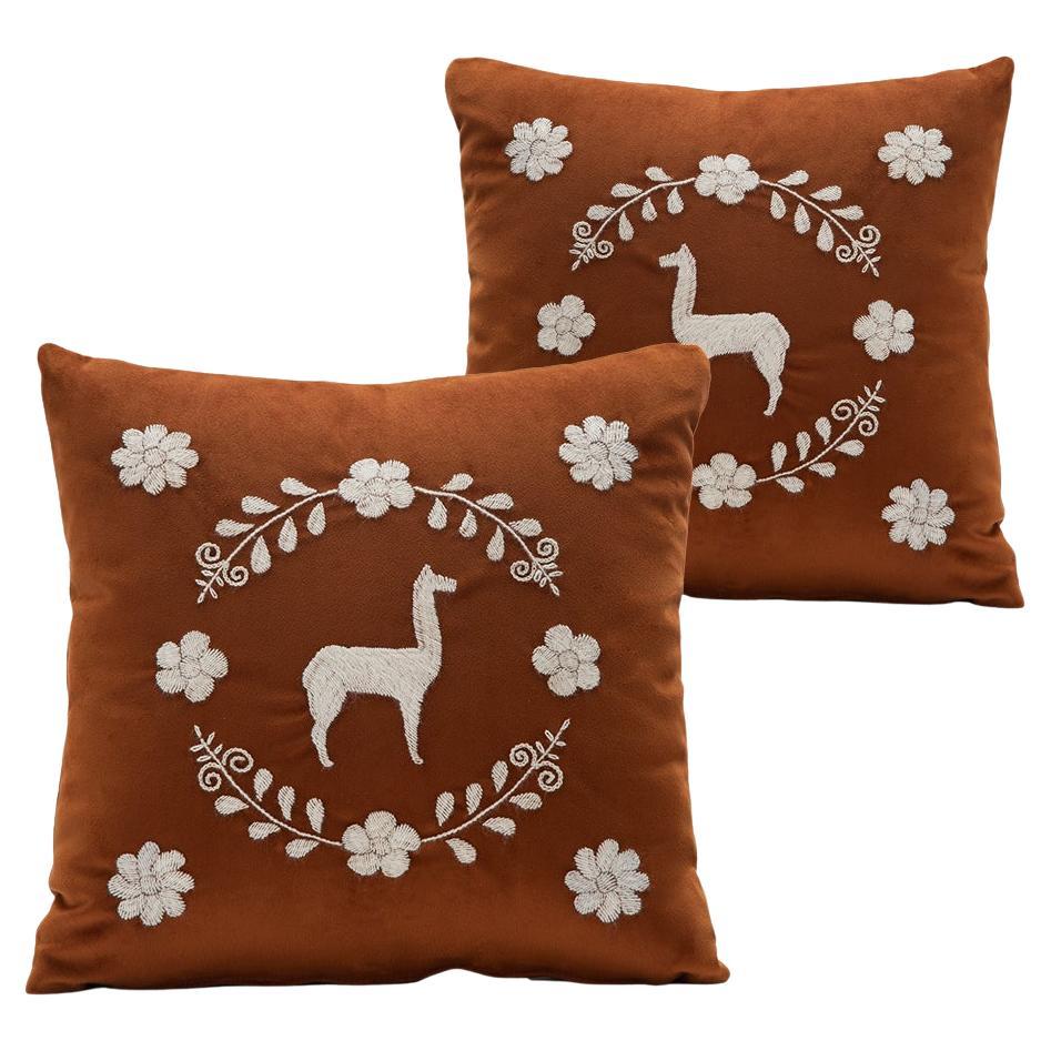 LLAMA Hand Embroidered Decorative Pillows in Terracota Velvet ANDEAN, Set of 2