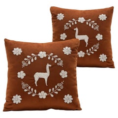 LLAMA Hand Embroidered Decorative Pillows in Terracota Velvet ANDEAN, Set of 2