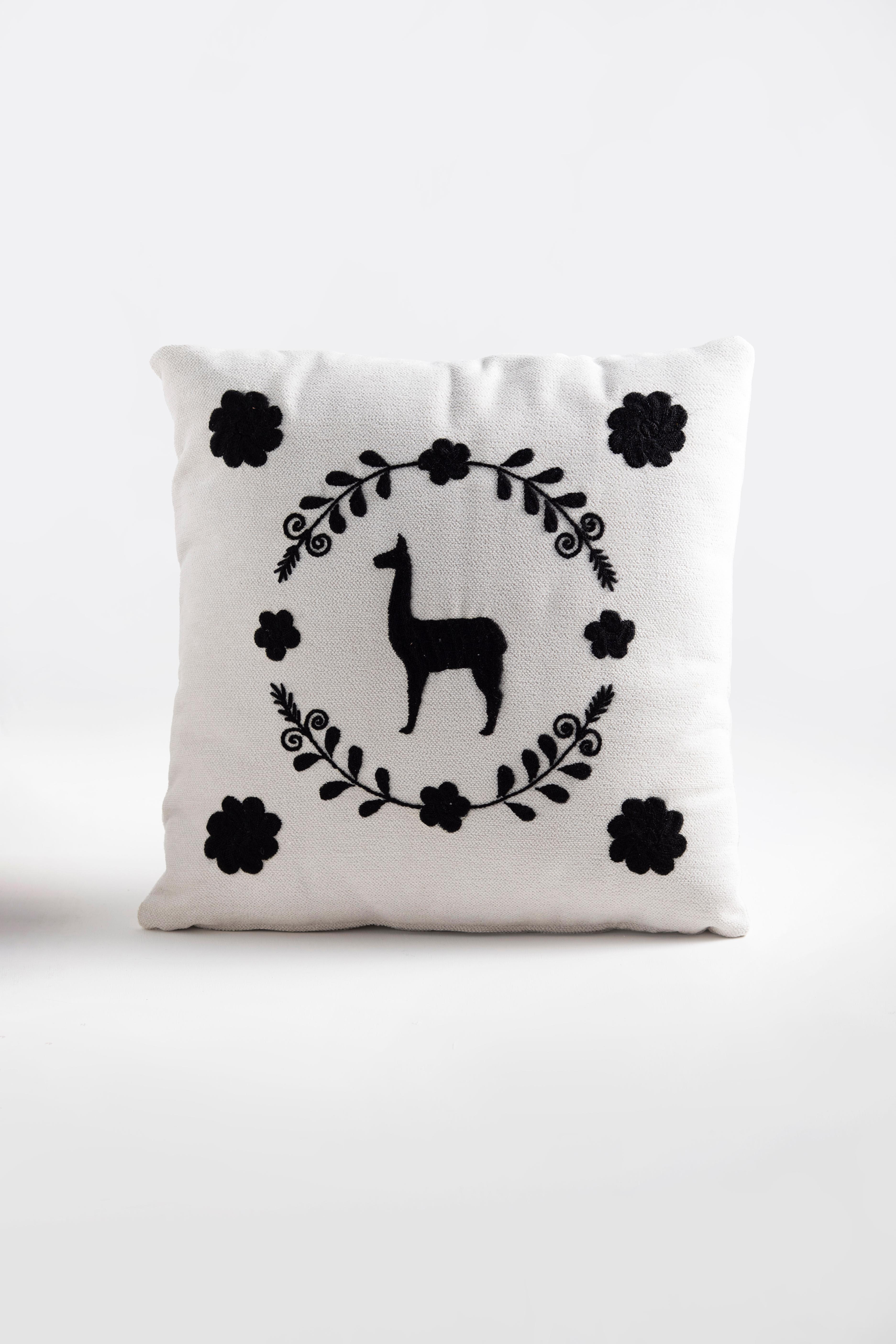 Modern LLAMA Hand Embroidered Decorative Pillows Ivory Upholstery by ANDEAN, Set of 2 For Sale