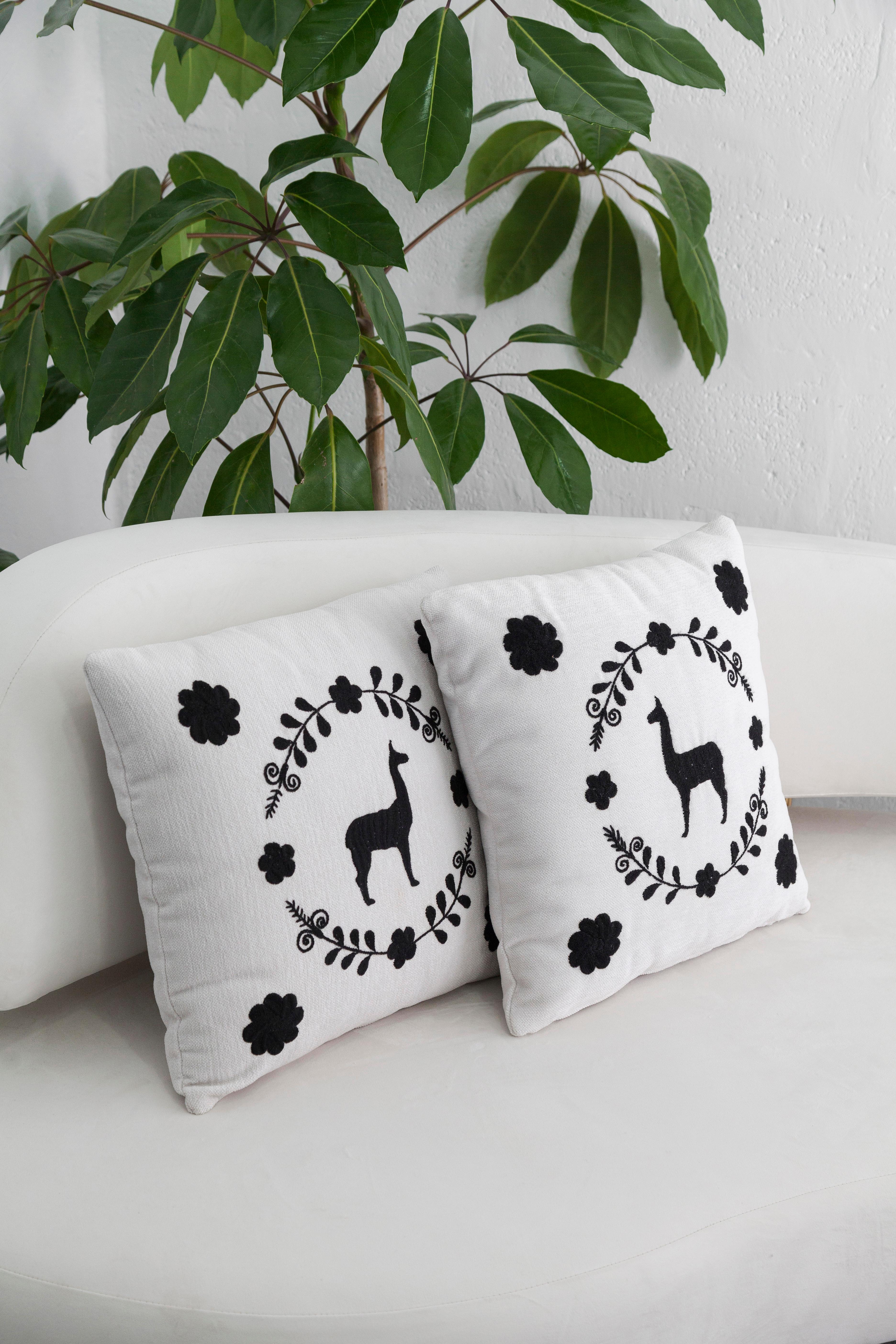 LLAMA Hand Embroidered Decorative Pillows Ivory Upholstery by ANDEAN, Set of 2 For Sale 1
