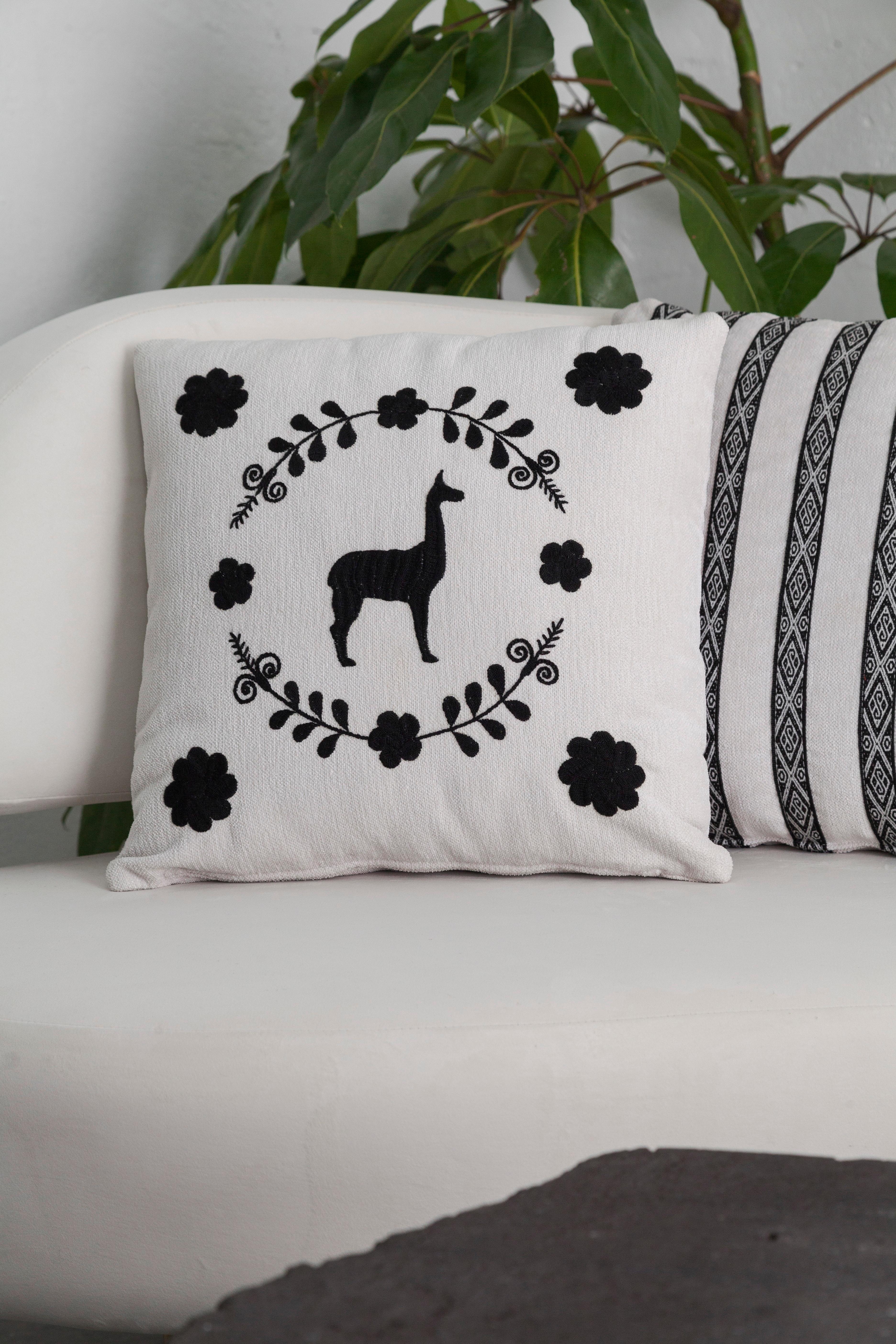 LLAMA Hand Embroidered Decorative Pillows Ivory Upholstery by ANDEAN, Set of 2 For Sale 2
